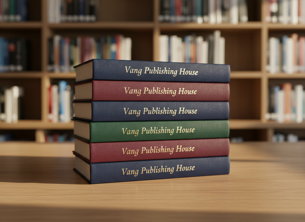 A meticulously arranged stack of hardcover books with richly textured cloth covers in deep navy, burgundy, and forest green, each embossed with subtle gold foil titles bearing the name “Vang Publishing House.” The books rest on a smooth, warm-toned wooden desk in a quiet library-like setting, surrounded by softly blurred shelves packed with colorful spines. Late afternoon natural light filters through an unseen window, creating gentle highlights along the book edges and soft shadows on the wood grain. Captured at eye level with a moderate depth of field, the composition centers the stack, evoking professionalism, literary prestige, and a calm, contemplative mood in clean, photographic realism.