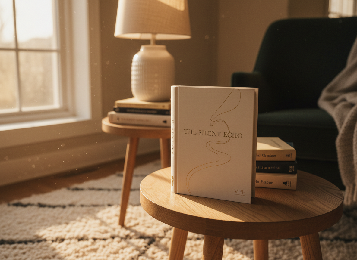 A cozy reading nook centered on a single, elegantly bound Vang Publishing House title resting atop a low oak side table, its dust jacket featuring a sophisticated, minimalist design. Around it, neatly stacked books and a ceramic lamp with a linen shade create a quiet, curated corner. Warm, golden-hour light pours in from a nearby window, catching the foil-stamped logo on the book’s spine and casting long, gentle shadows across a soft woven rug. Shot at a slightly lowered, three-quarter angle with shallow depth of field, the book remains the sharp focal point while the background fades to a comforting blur. The mood is inviting, introspective, and refined, highlighting the emotional experience of reading.