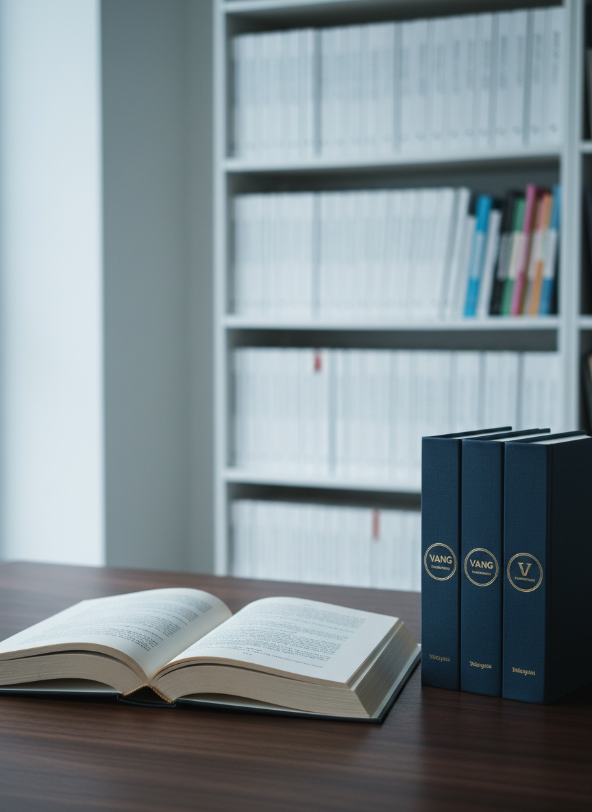 An open hardcover book with creamy, slightly textured pages spread flat on a dark walnut table, its printed text crisp and elegant. Beside it lies a neatly stacked trio of closed books bearing the refined Vang Publishing House logo on their spines. In the background, a minimalist, modern office bookshelf filled with neatly aligned manuscripts and finished titles fades into soft photographic bokeh. Cool, diffused daylight from a large window off-frame illuminates the scene, highlighting the paper grain and subtle gloss of the covers. Shot from a slightly elevated angle using the rule of thirds, the mood is focused, professional, and quietly imaginative, suggesting the careful craft of publishing.