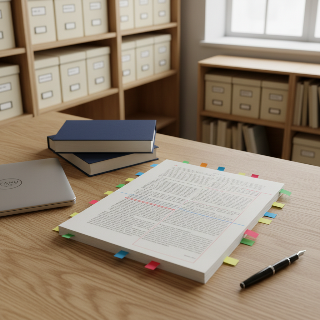 An overhead photographic view of a tidy editorial workspace, featuring a central manuscript printed on high-quality paper, marked with precise, colored sticky tabs and neatly underlined passages. Surrounding it are a closed laptop bearing a subtle Vang Publishing House sticker, neatly aligned hardcover proofs, and a simple black fountain pen. The desk surface is a pale oak with visible grain, set against a softly blurred backdrop of organized shelves and archival boxes. Natural, overcast window light provides gentle, shadow-free illumination, emphasizing clarity and order. The composition uses the rule of thirds, with the manuscript slightly off-center, creating a calm, methodical mood that reflects the careful, professional editing process behind each published book.